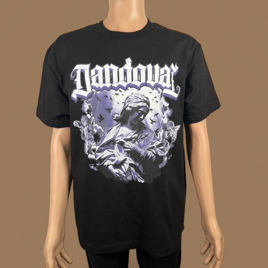Black t-shirt with graphic design and 'Dandoyar' text on a brown background