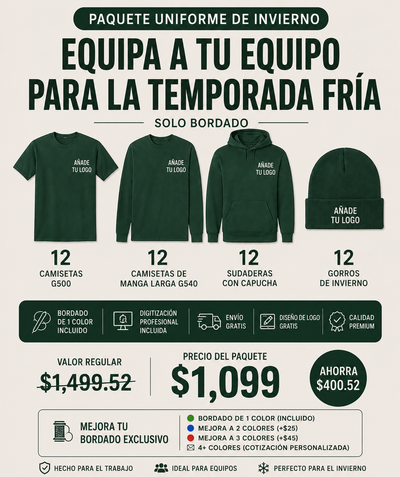 Spanish promotional graphic for a winter uniform bundle, showing four dark green apparel items: a long-sleeve shirt, a hooded sweatshirt, a beanie, and a knit cap, each with placeholder logo text. The layout includes bundle quantities, prices, icons for included services, and promotional text on a light beige background.