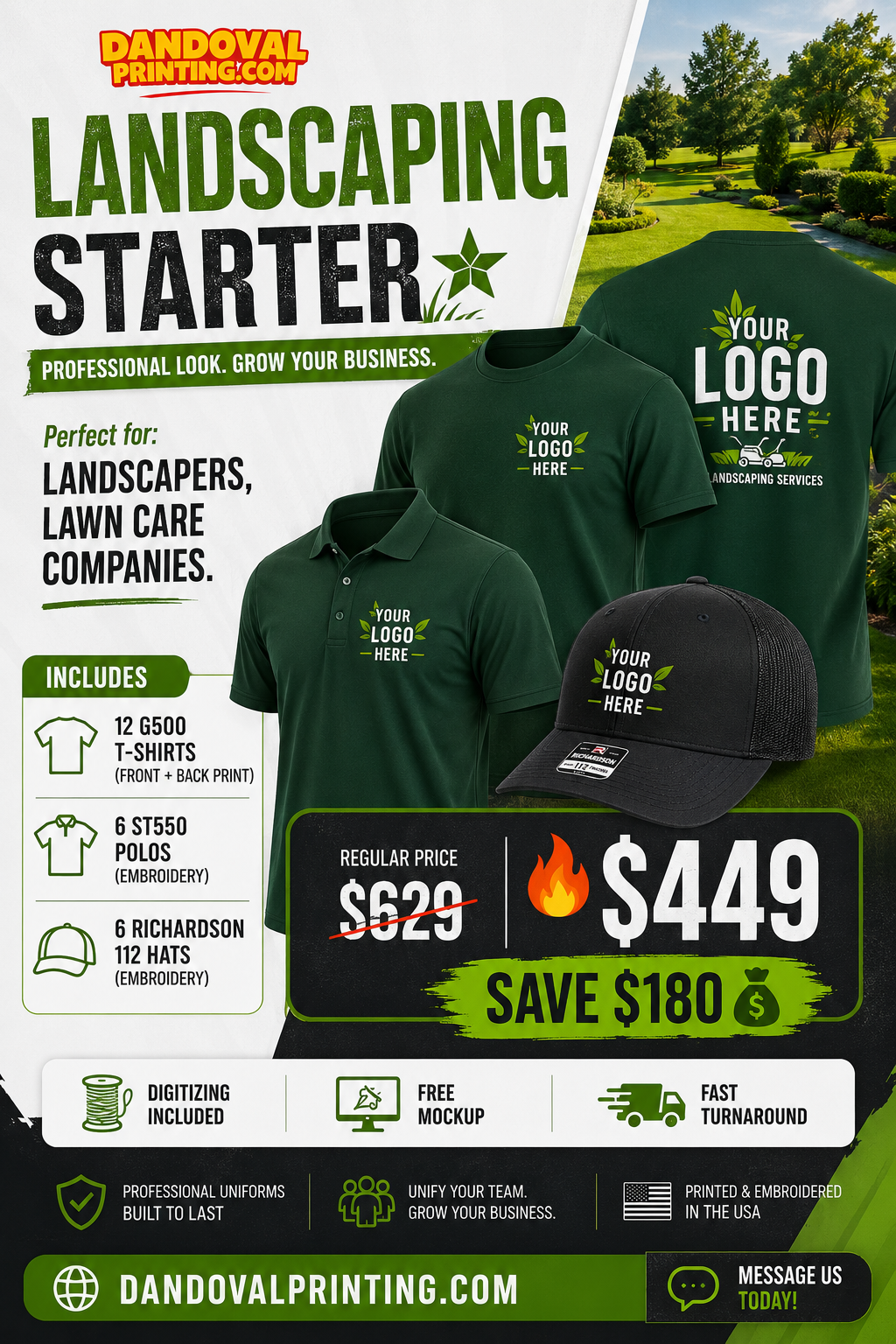 Promotional graphic for landscaping starter package with shirts, polos, and hats featuring customizable branding options.