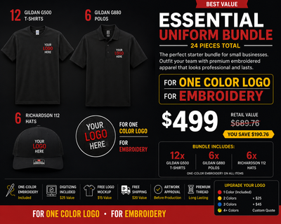 Essential Uniform Bundle – 24 Piece One-Color Embroidery Package
