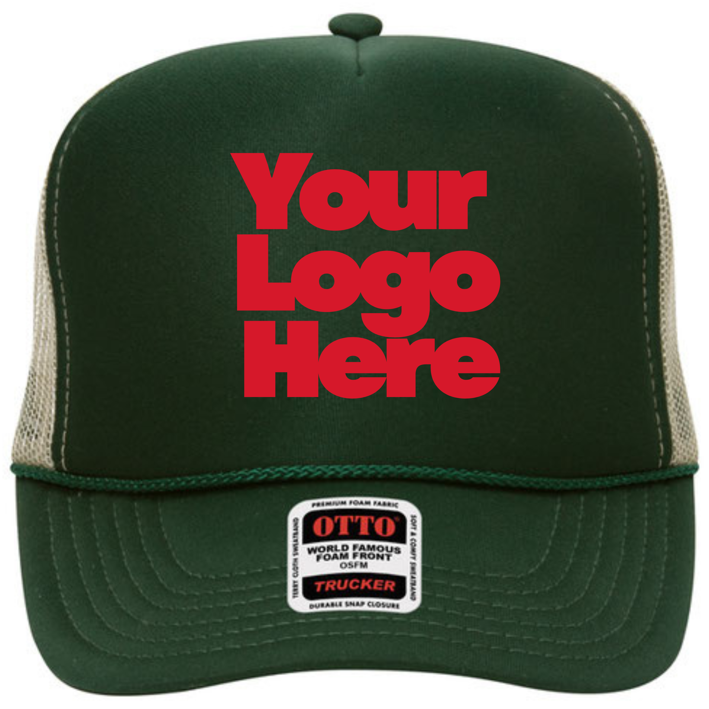 Green trucker hat with red text 'Your Logo Here' on a white background
