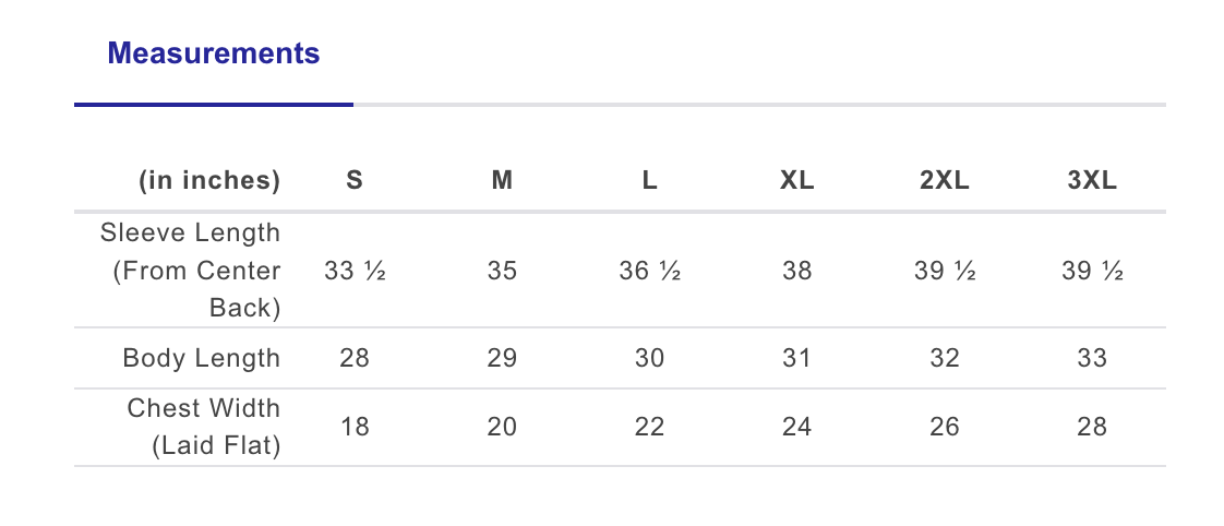 Measurement chart for clothing sizes S to 3XL with sleeve length, body length, and chest width dimensions.