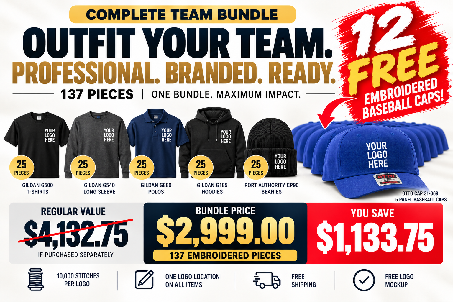Get 12 FREE Embroidered Baseball Caps with Our Complete Team Bundle