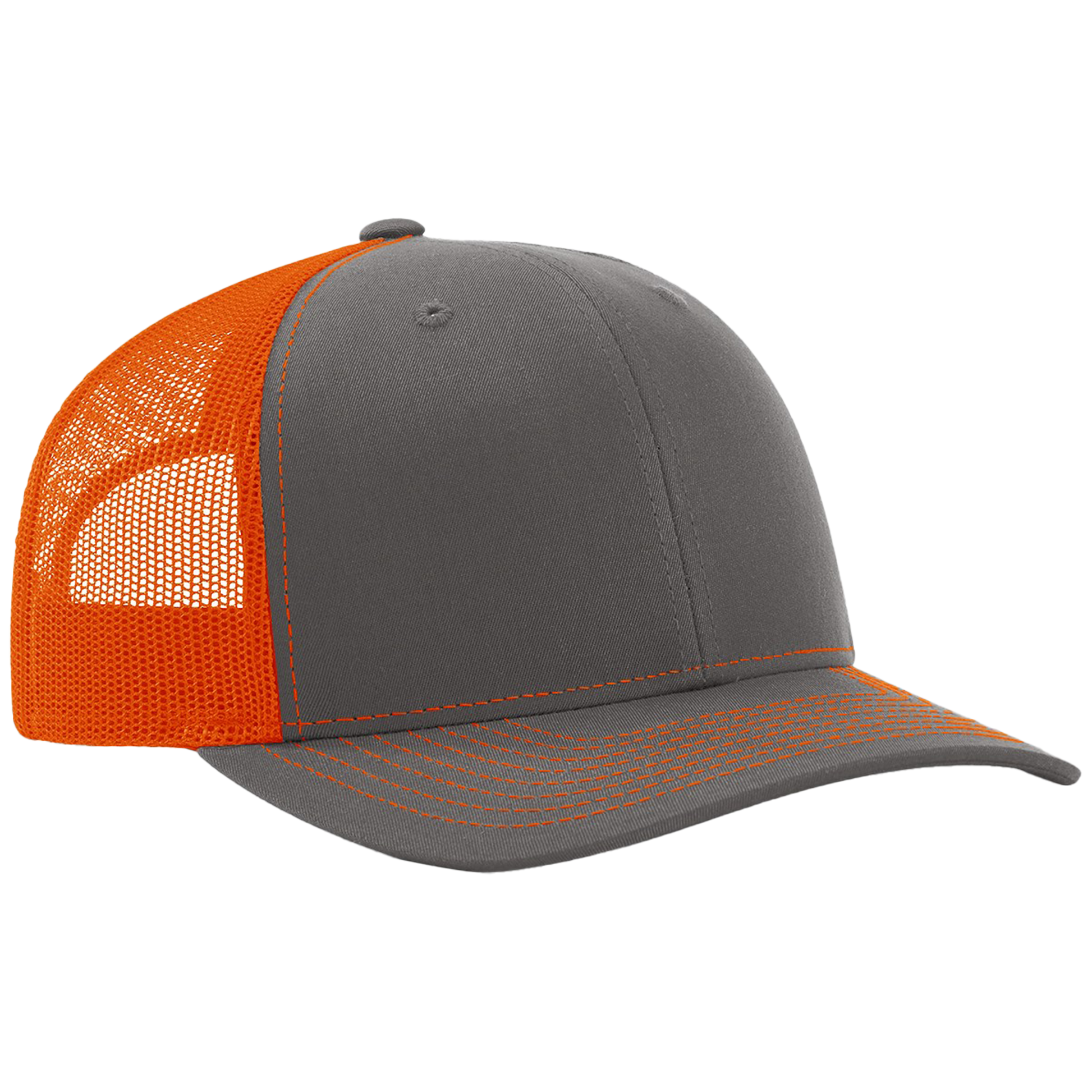 Gray and orange cap with mesh back on a white background