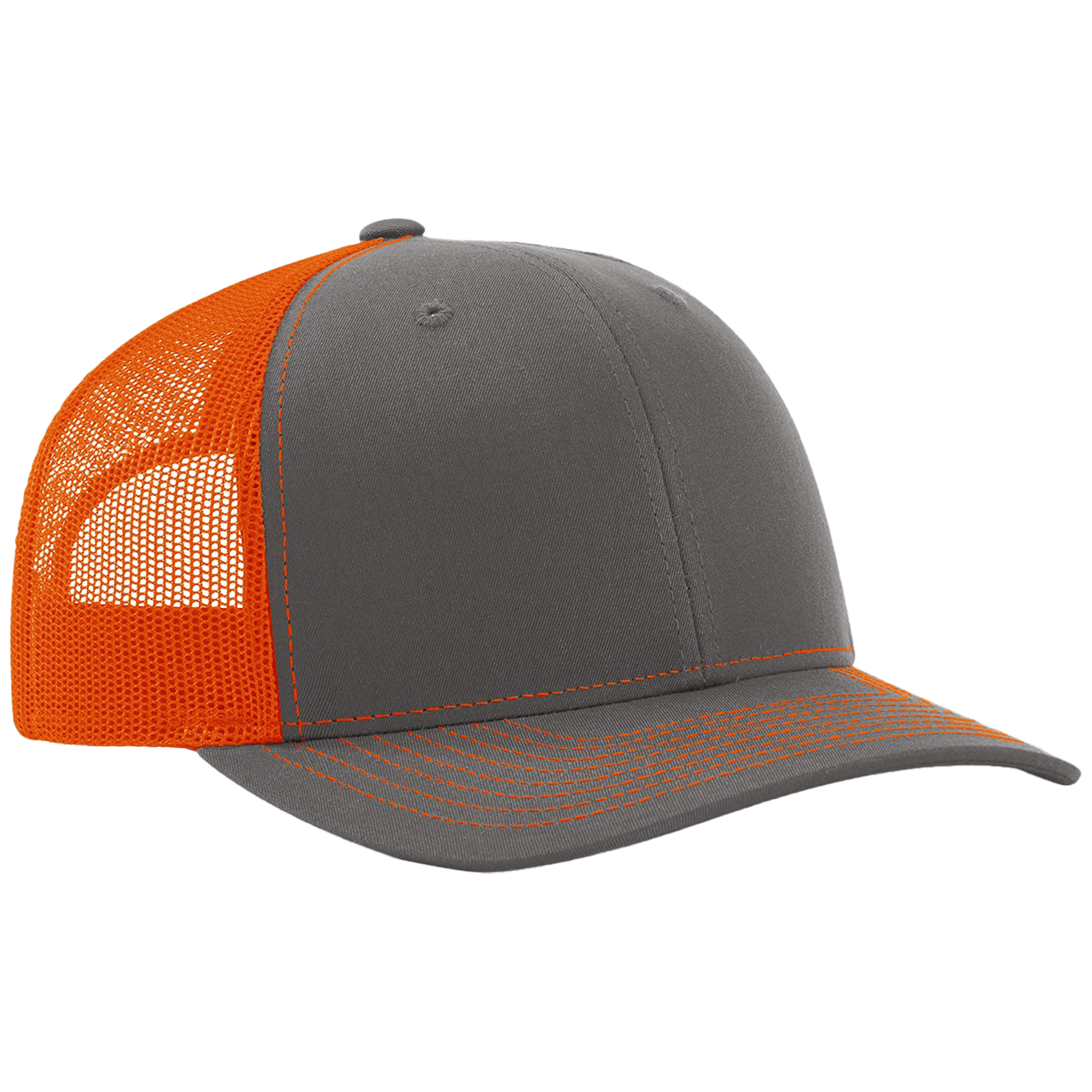Gray and orange cap with mesh back on a white background