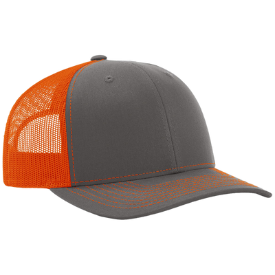 Gray and orange cap with mesh back on a white background