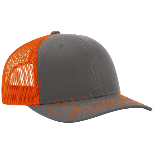 Gray and orange cap with mesh back on a white background
