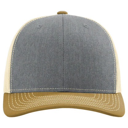 Two-tone cap with gray front and beige back on a white background