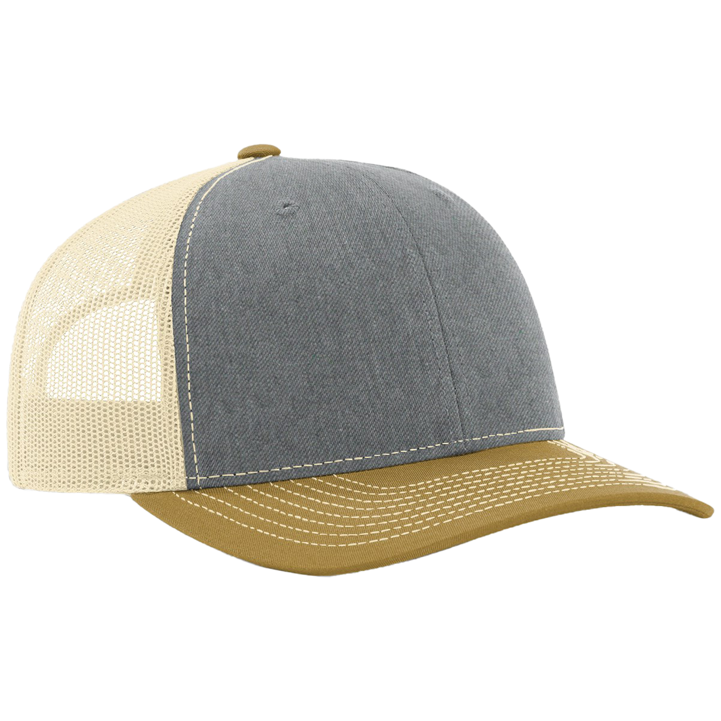 Two-tone cap with gray front and beige back on a white background