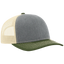 Trucker hat with gray front panel, beige mesh back, and green brim on a white background