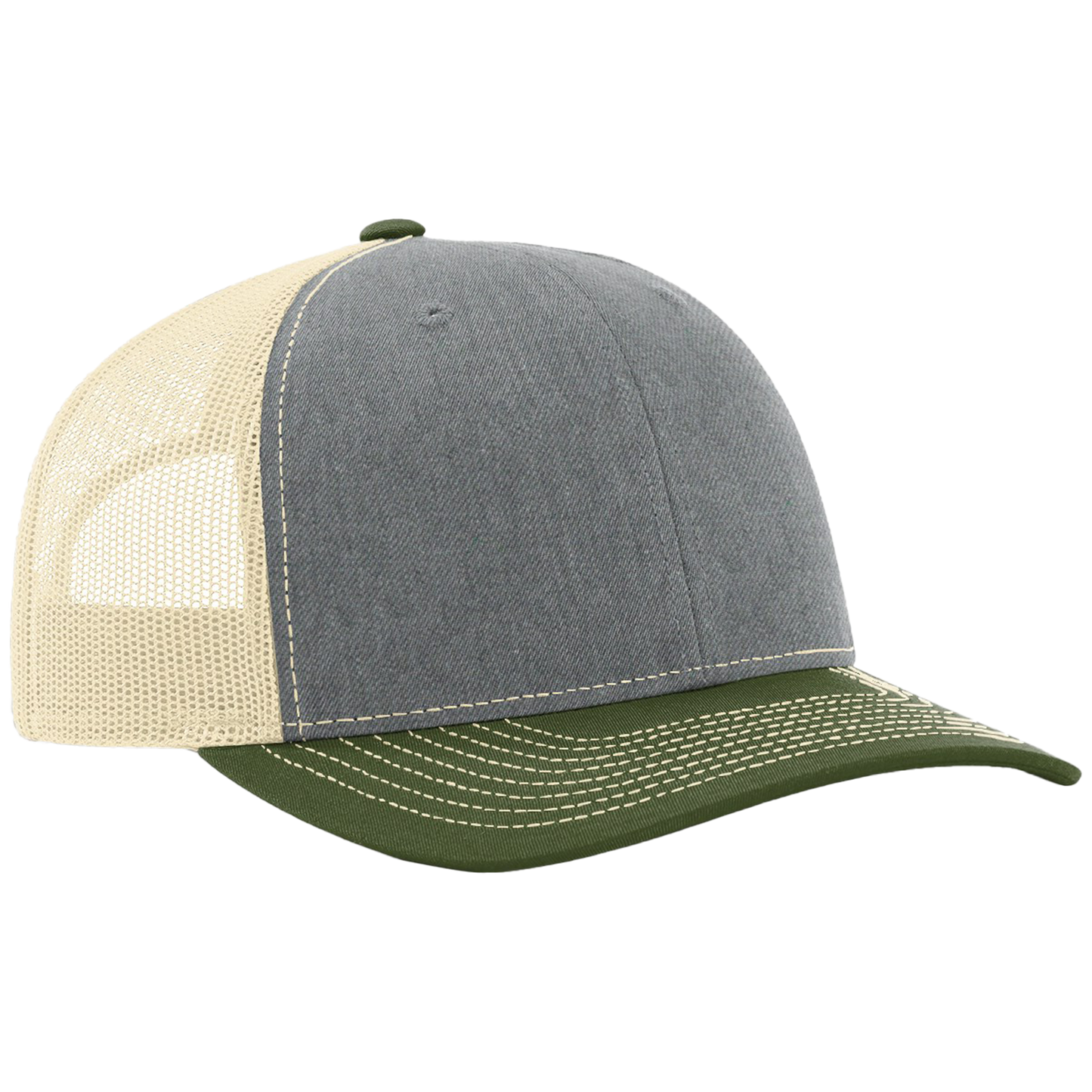 Trucker hat with gray front panel, beige mesh back, and green brim on a white background