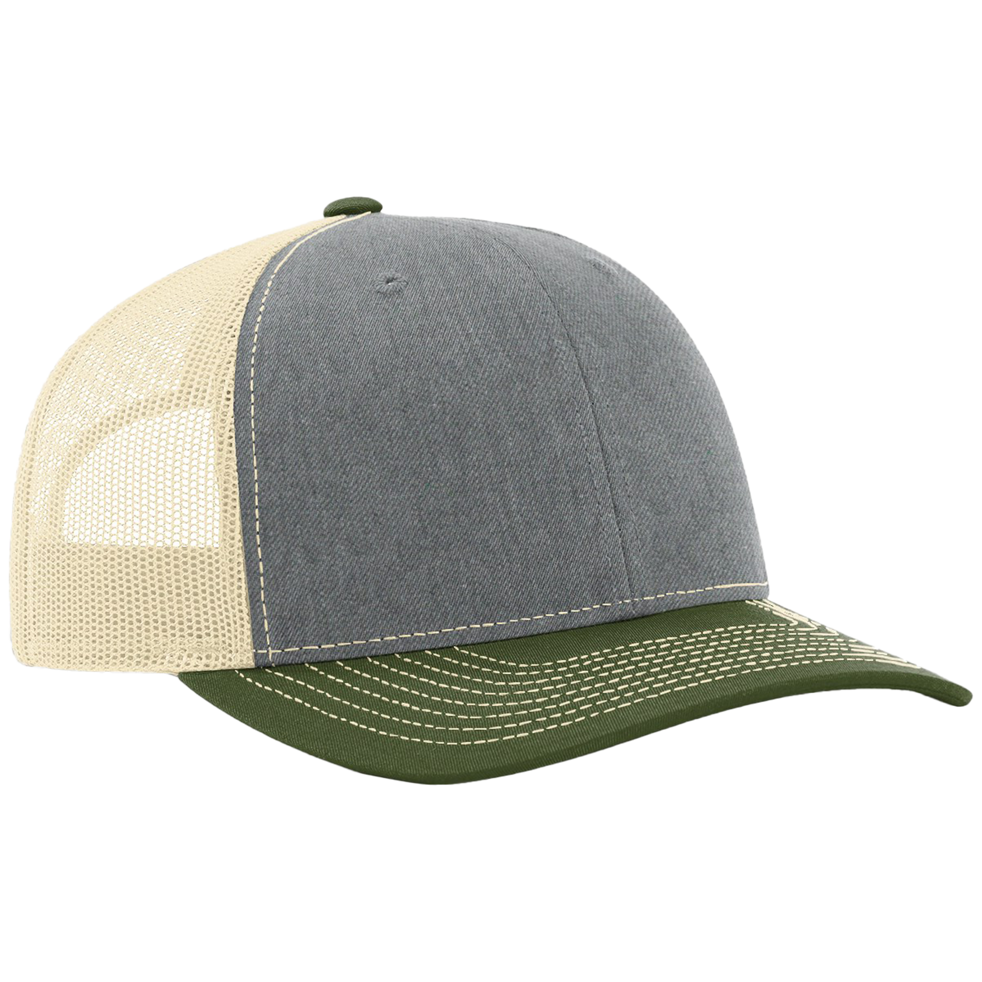 Trucker hat with gray front panel, beige mesh back, and green brim on a white background