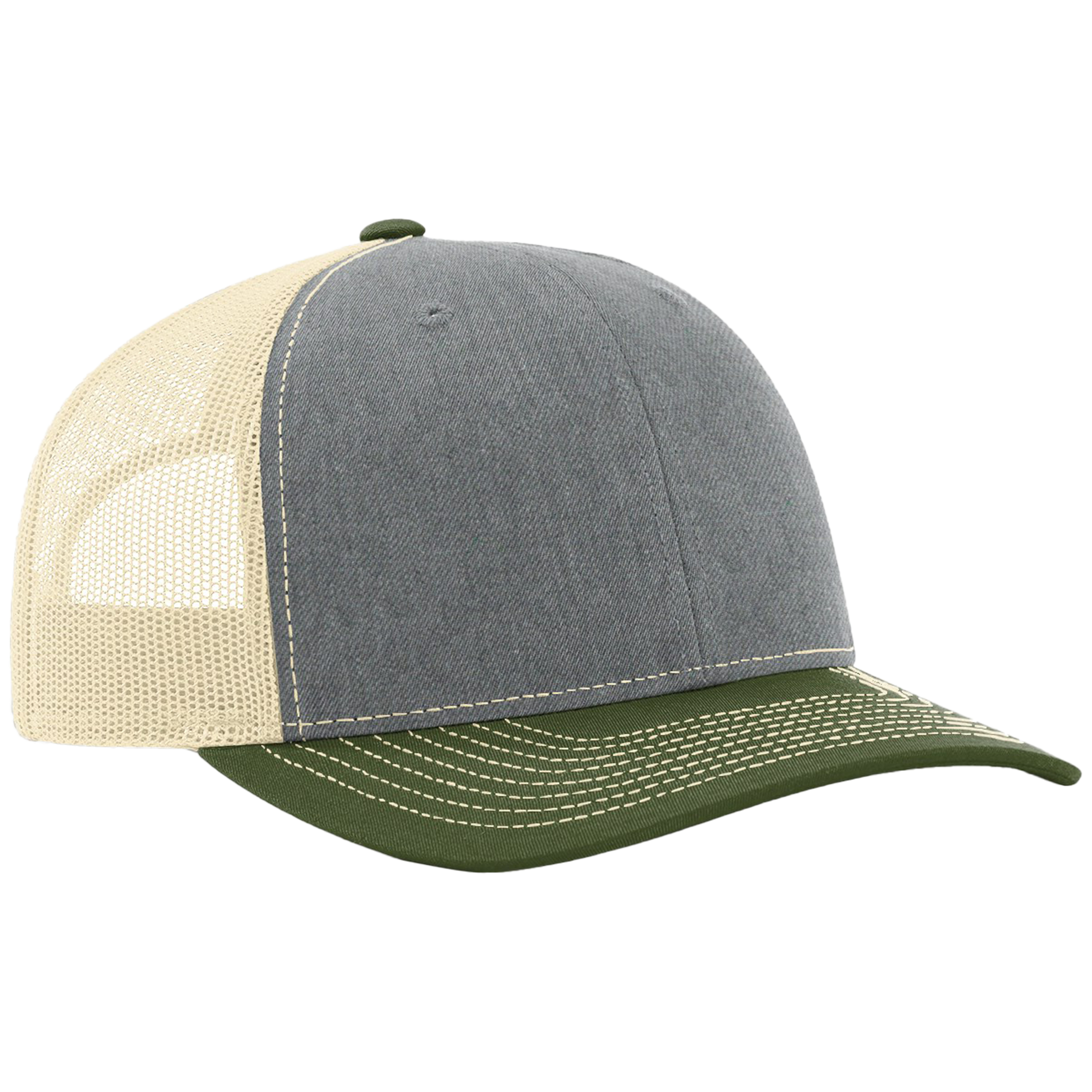 Trucker hat with gray front panel, beige mesh back, and green brim on a white background