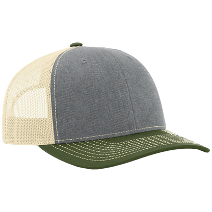 Trucker hat with gray front panel, beige mesh back, and green brim on a white background