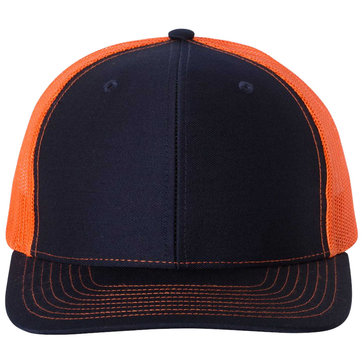 Black and orange cap with mesh back on a white background