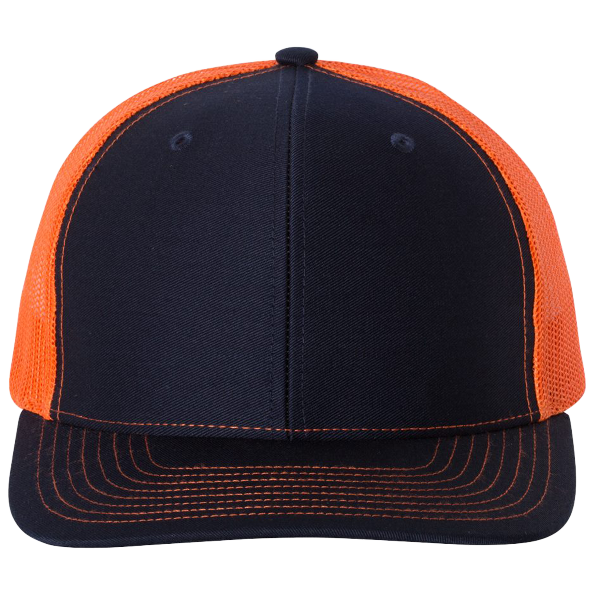 Black and orange cap with mesh back on a white background