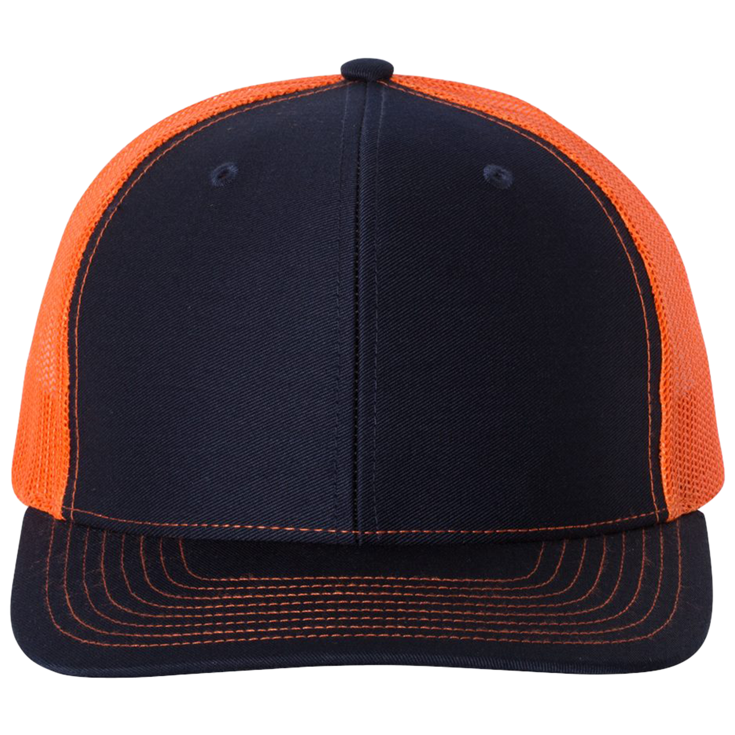 Black and orange cap with mesh back on a white background