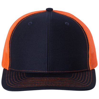 Black and orange cap with mesh back on a white background