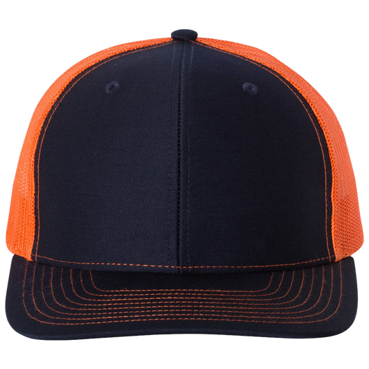 Black and orange cap with mesh back on a white background