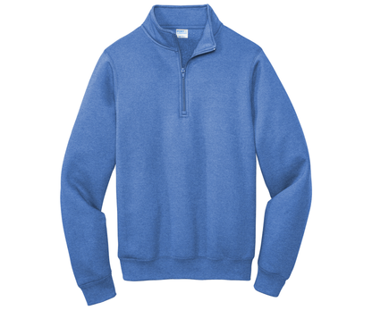 Blue pullover with a quarter zip on a white background