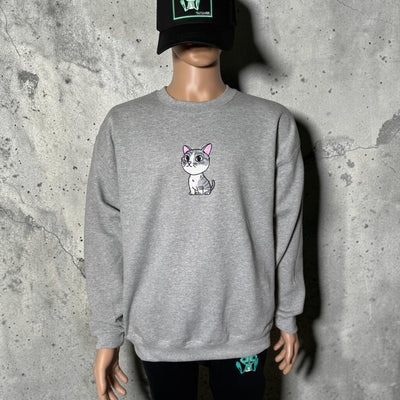 Sudadera con gato bordado – Cuello redondo con diseño minimalista – Suéter bordado unisex
