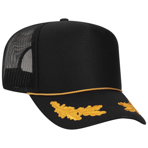 Black trucker cap with yellow embroidered design on a white background