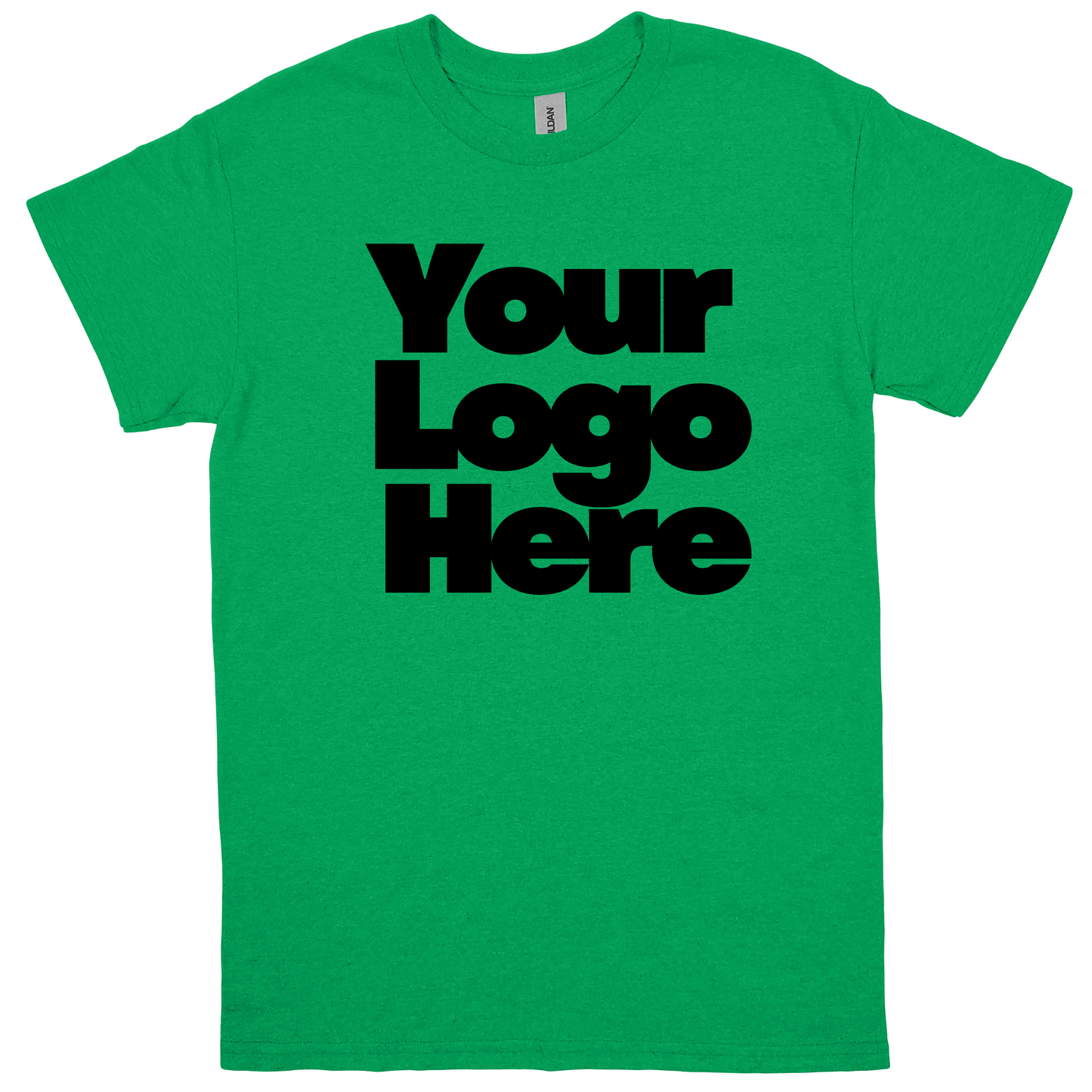 Green t-shirt with 'Your Logo Here' text on a white background