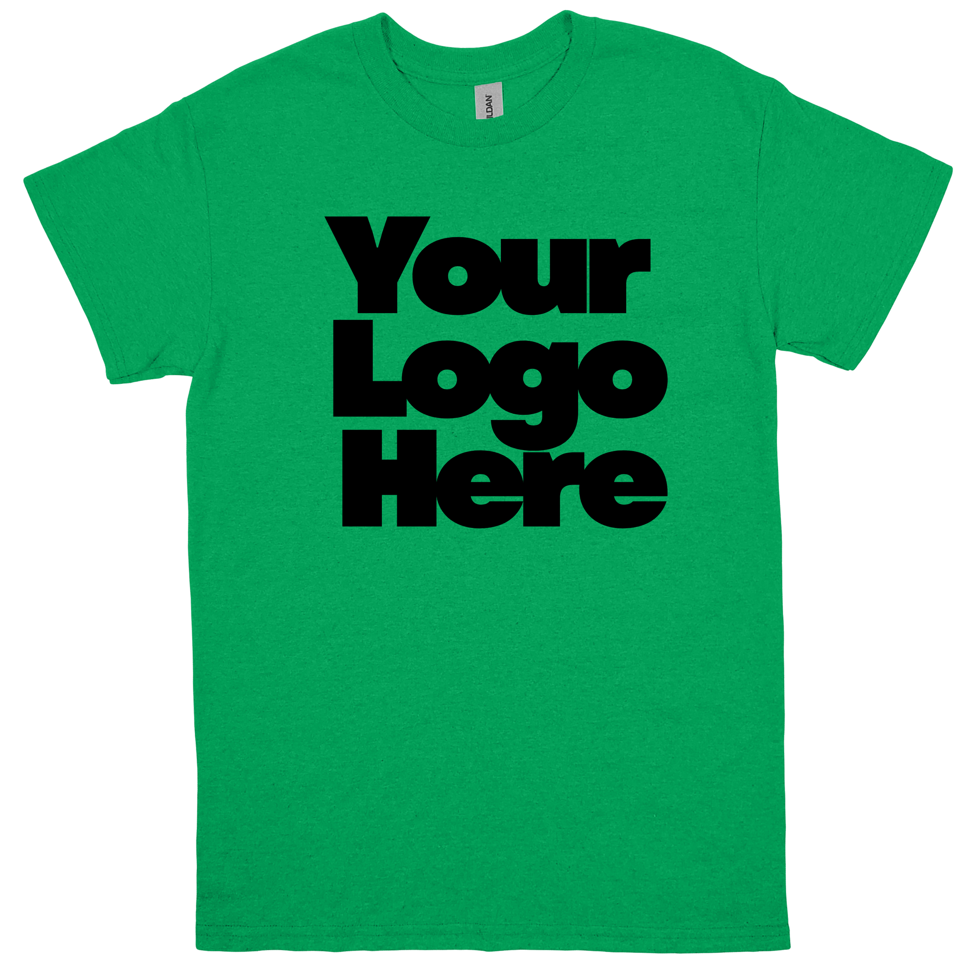 Green t-shirt with 'Your Logo Here' text on a white background