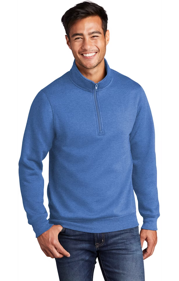 Man wearing a blue pullover with a white background