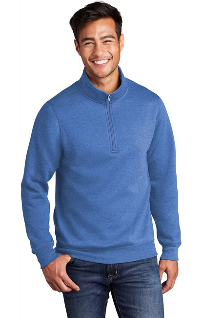 Man wearing a blue pullover with a white background