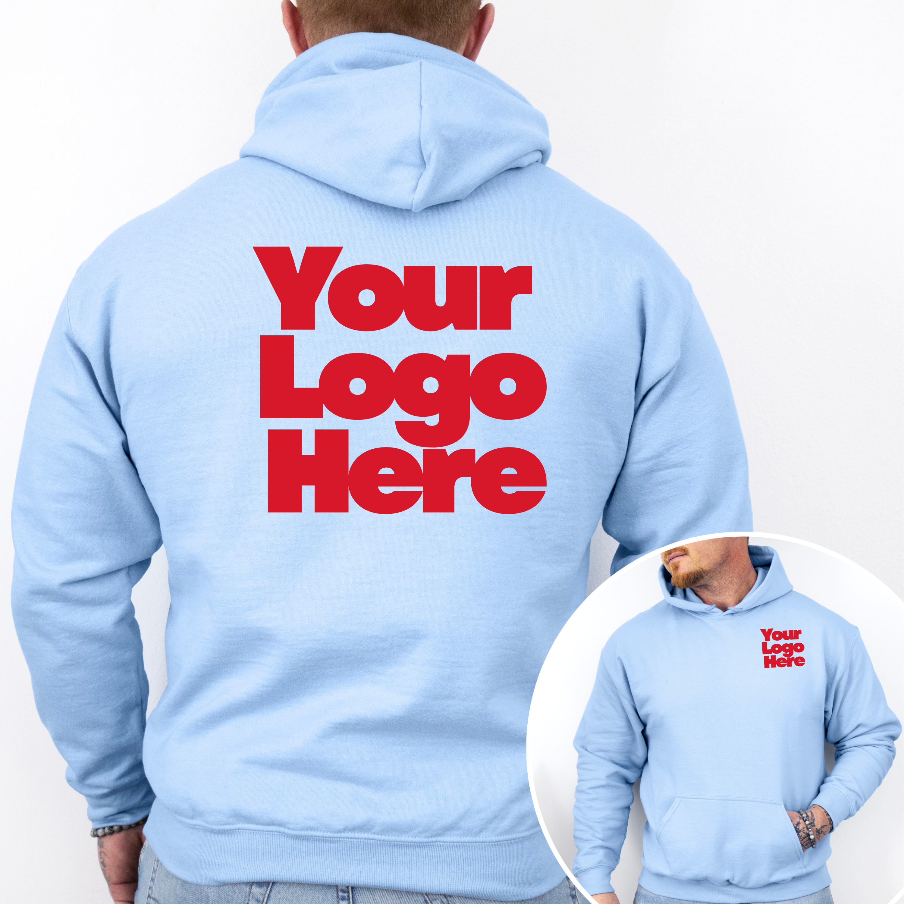 Light blue hoodie with red text 'Your Logo Here' on the back, worn by a person.