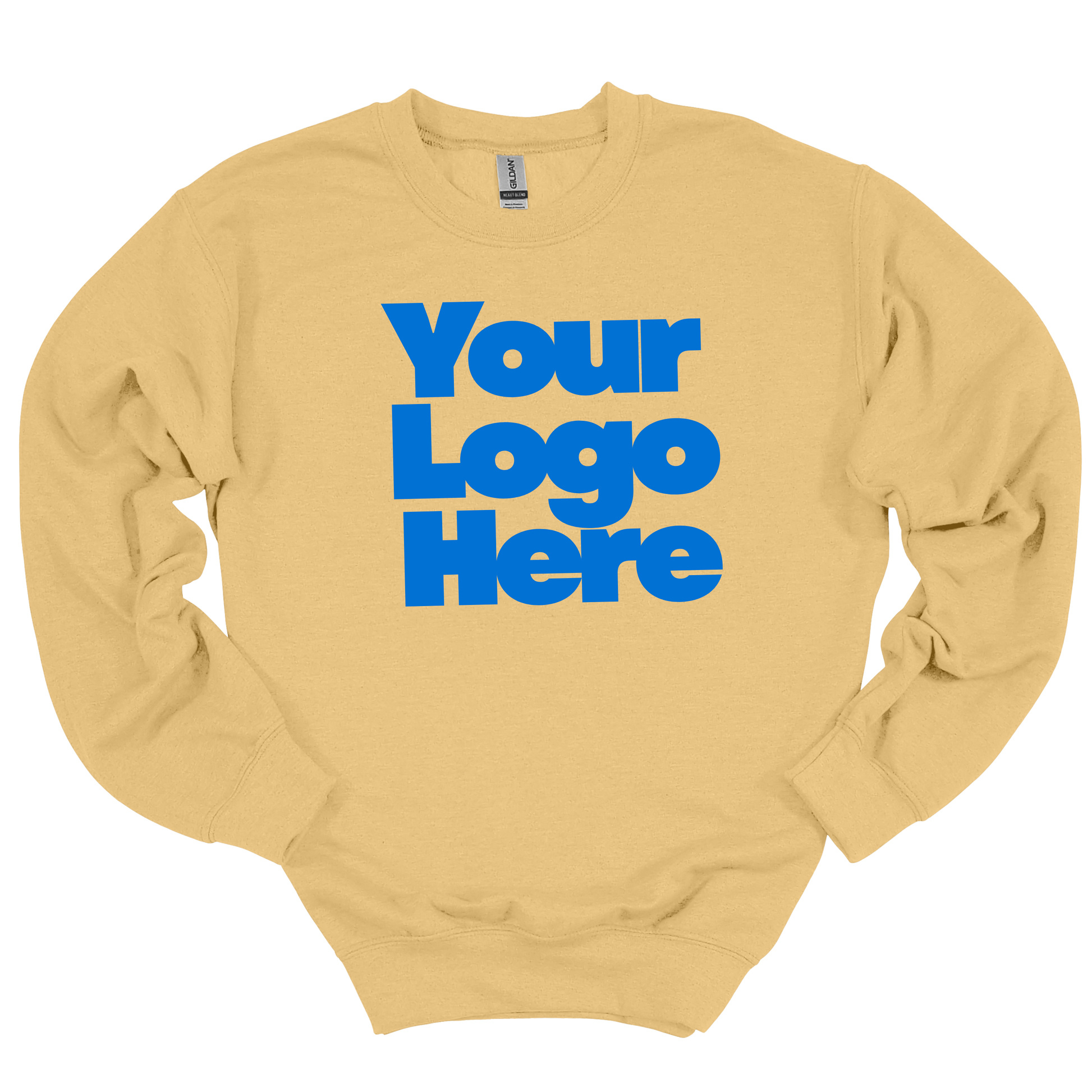 Beige sweatshirt with 'Your Logo Here' text in blue on a white background