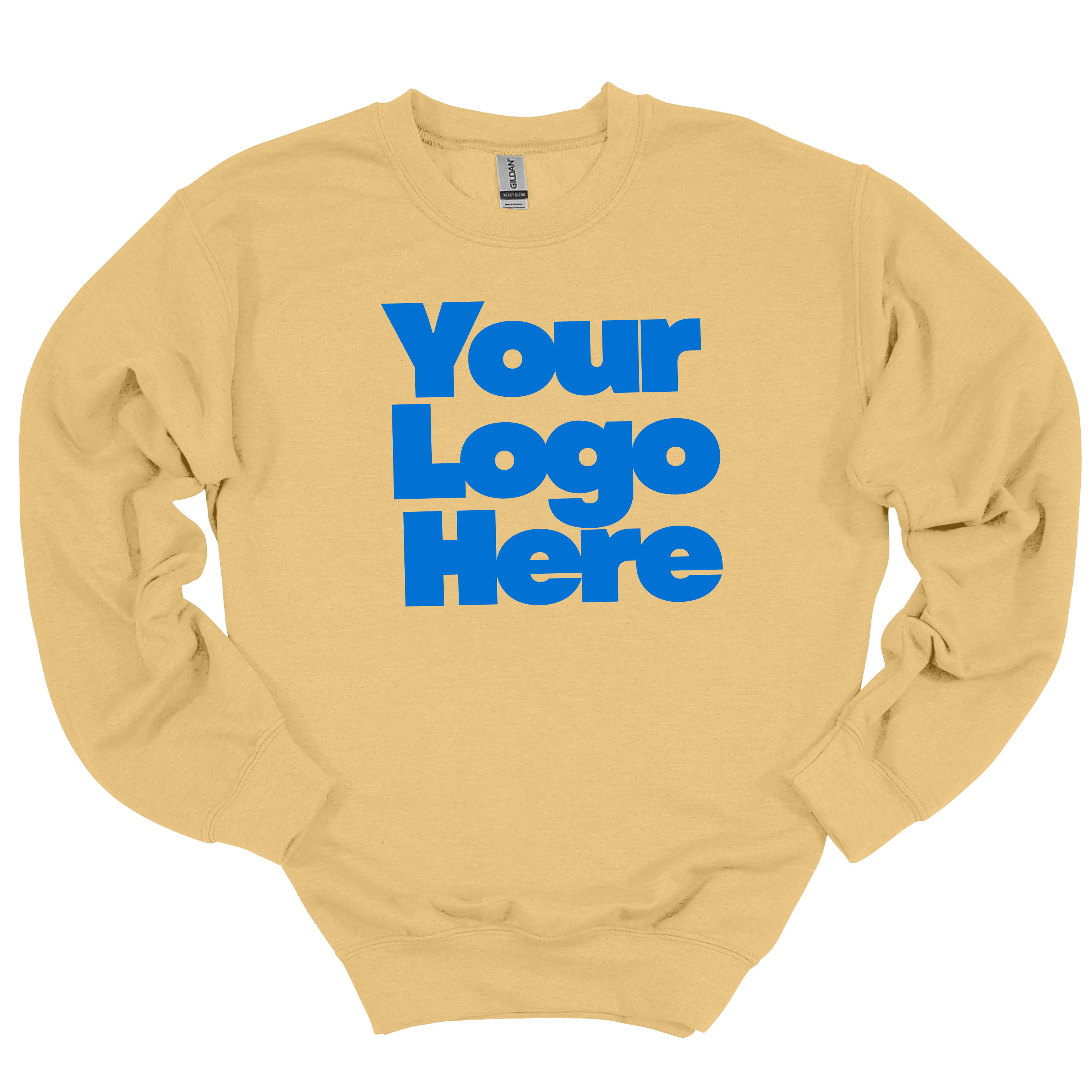 Beige sweatshirt with 'Your Logo Here' text in blue on a white background