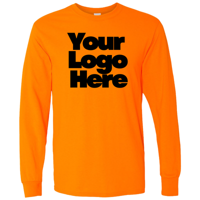 Orange long-sleeve shirt with 'Your Logo Here' text on a white background