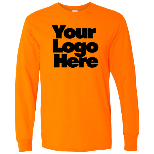 Orange long-sleeve shirt with 'Your Logo Here' text on a white background