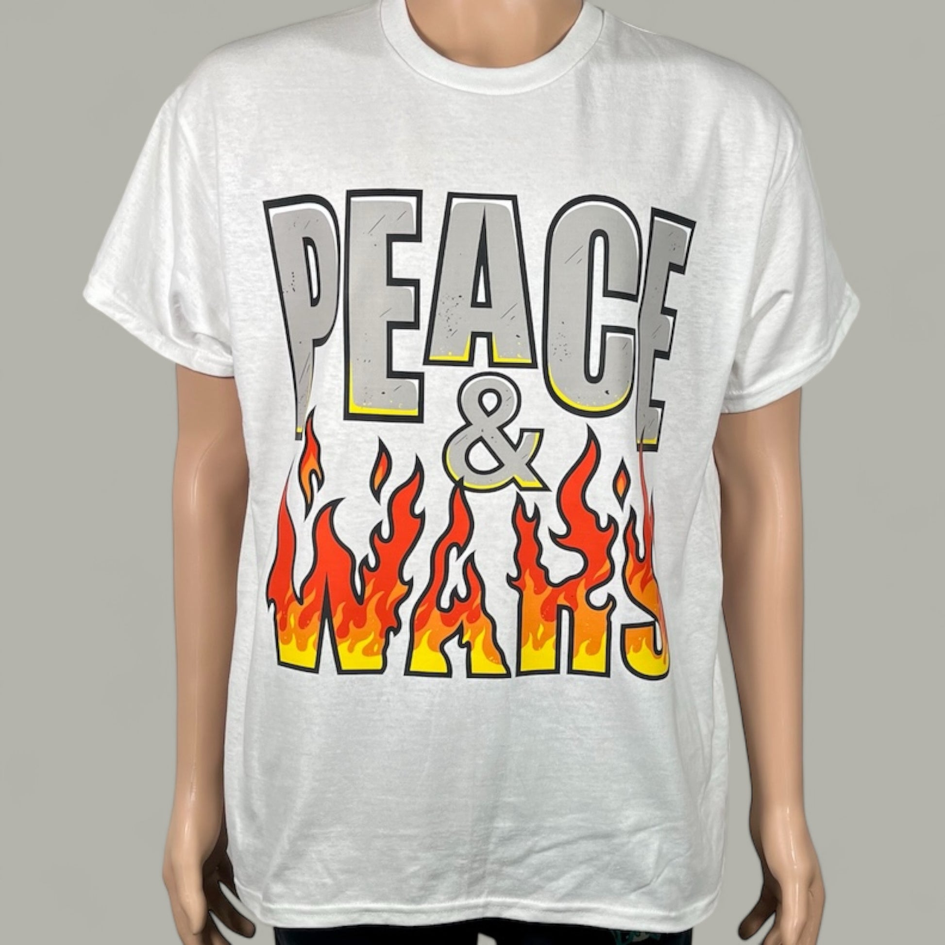 White t-shirt with 'PEACE & LOVE' design on a gray background