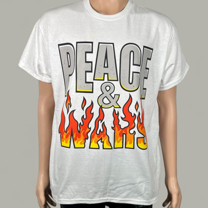 White t-shirt with 'PEACE & LOVE' design on a gray background
