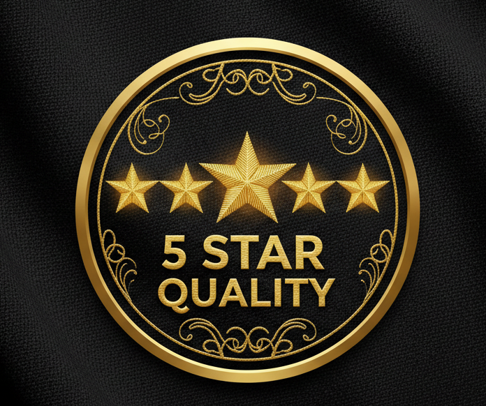 A circular gold seal with five stars and the words '5 STAR QUALITY' on a black textured fabric background.