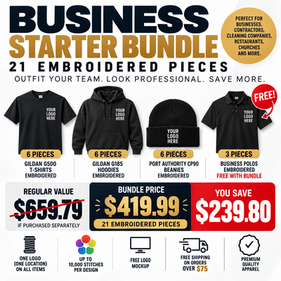Business Starter Bundle – 18 Embroidered Pieces + 3 FREE Polos
