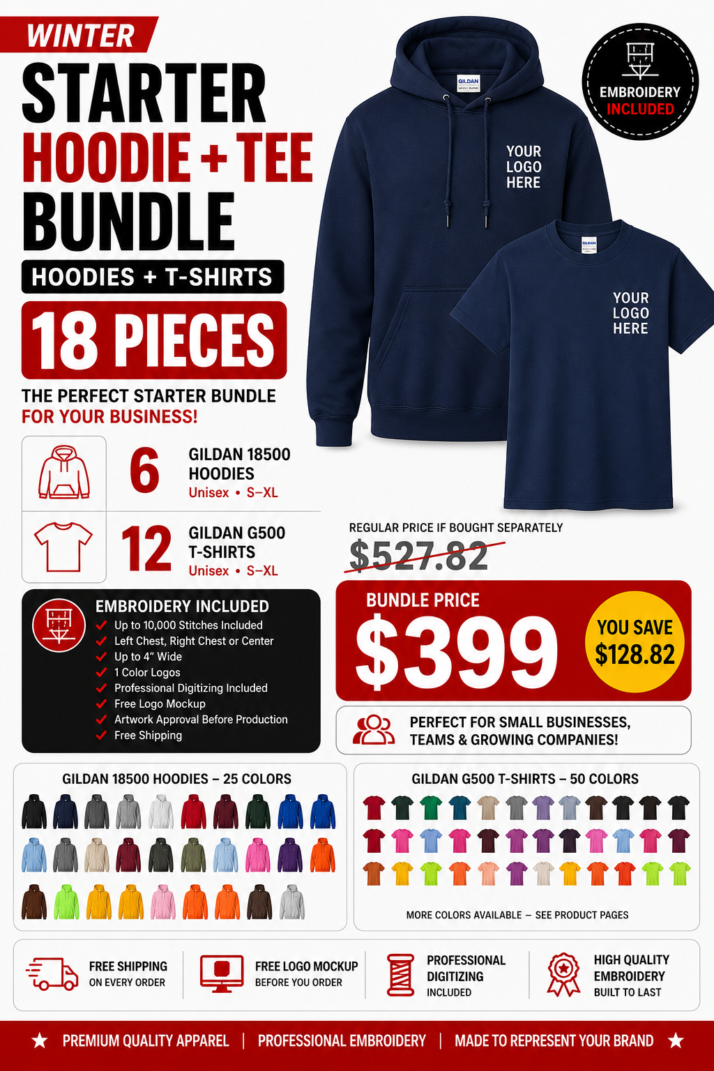 Custom Embroidered Hoodie + T-Shirt Starter Bundle – 18 Pieces