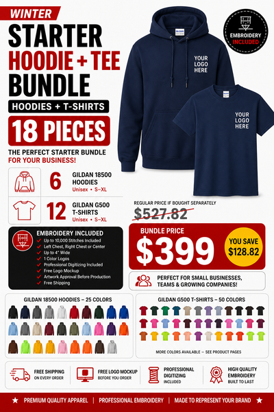 Custom Embroidered Hoodie + T-Shirt Starter Bundle – 18 Pieces