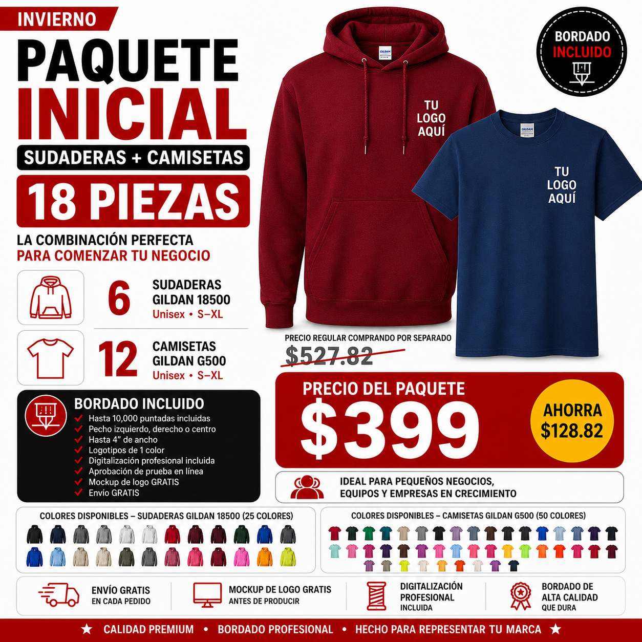 Custom Embroidered Hoodie + T-Shirt Starter Bundle – 18 Pieces