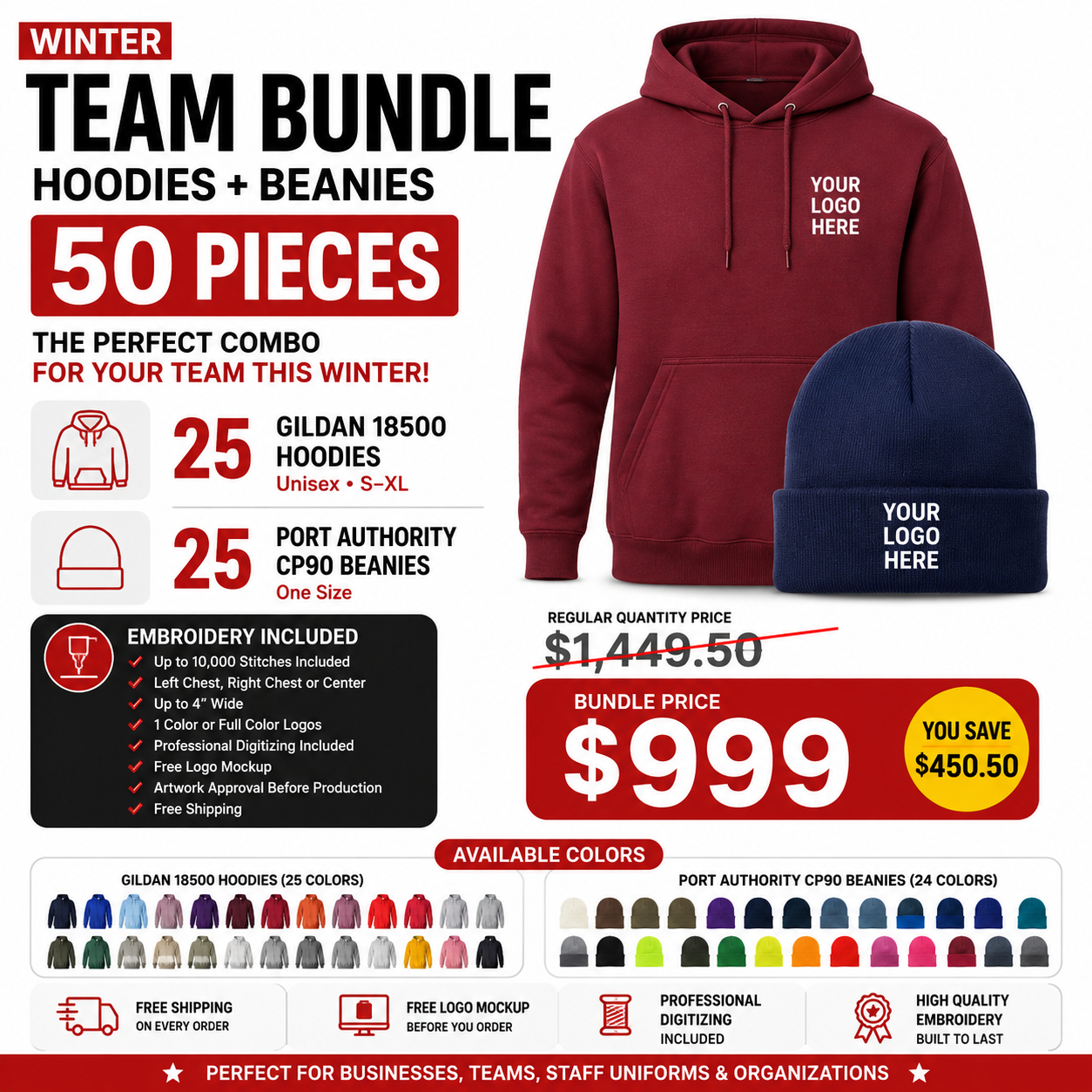 🧵 Custom Embroidered Hoodie & Beanie Team Bundle – 50 Pieces