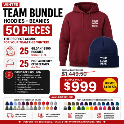 🧵 Custom Embroidered Hoodie & Beanie Team Bundle – 50 Pieces