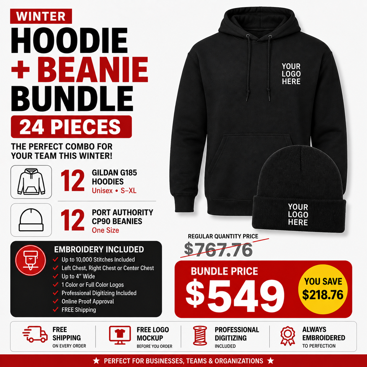 Custom Embroidered Hoodie + Beanie Bundle – 24 Piece Winter Package