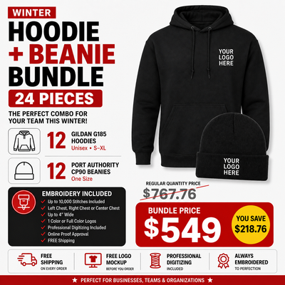 Custom Embroidered Hoodie + Beanie Bundle – 24 Piece Winter Package