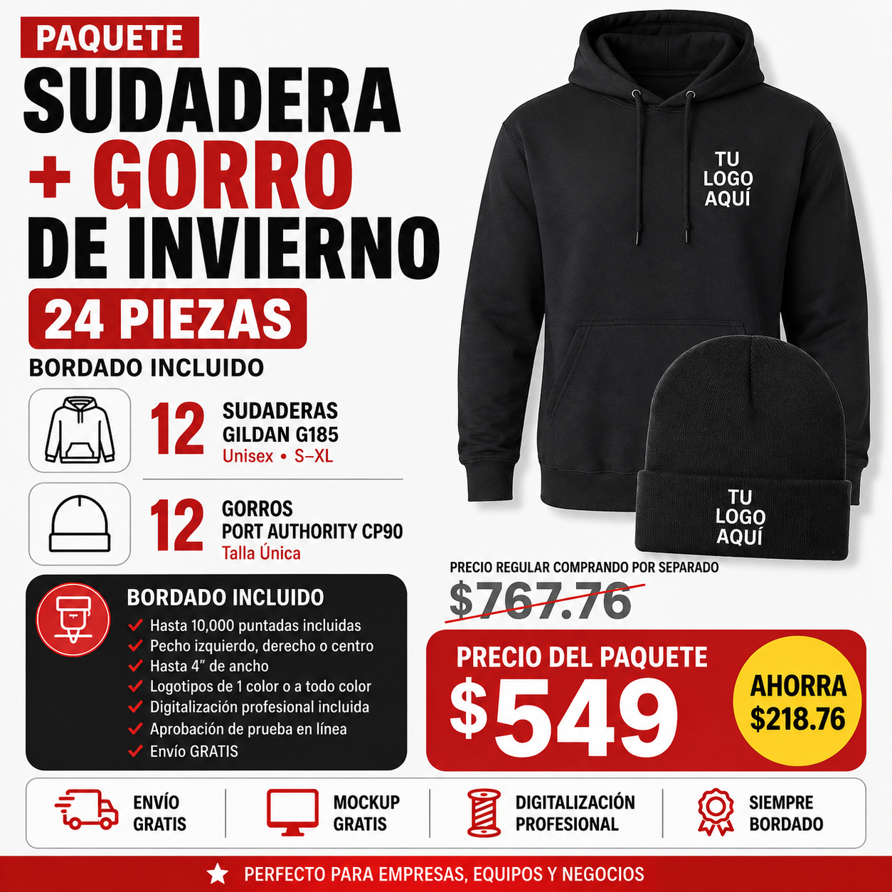Custom Embroidered Hoodie + Beanie Bundle – 24 Piece Winter Package