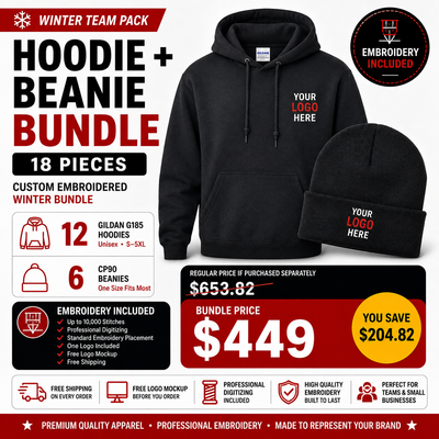 Custom Embroidered Hoodie + Beanie Bundle – 18 Piece Winter Team Pack