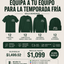 Spanish promotional graphic for a winter uniform bundle, showing four dark green apparel items: a long-sleeve shirt, a hooded sweatshirt, a beanie, and a knit cap, each with placeholder logo text. The layout includes bundle quantities, prices, icons for included services, and promotional text on a light beige background.