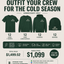 A promotional graphic for a winter uniform bundle offering 12 dark green t-shirts, 12 long-sleeve hoodies, 12 beanies, and custom embroidery services. The items are displayed on a light beige background with dark green text and icons detailing the bundle price of $1,099 and retail value of $1,499.